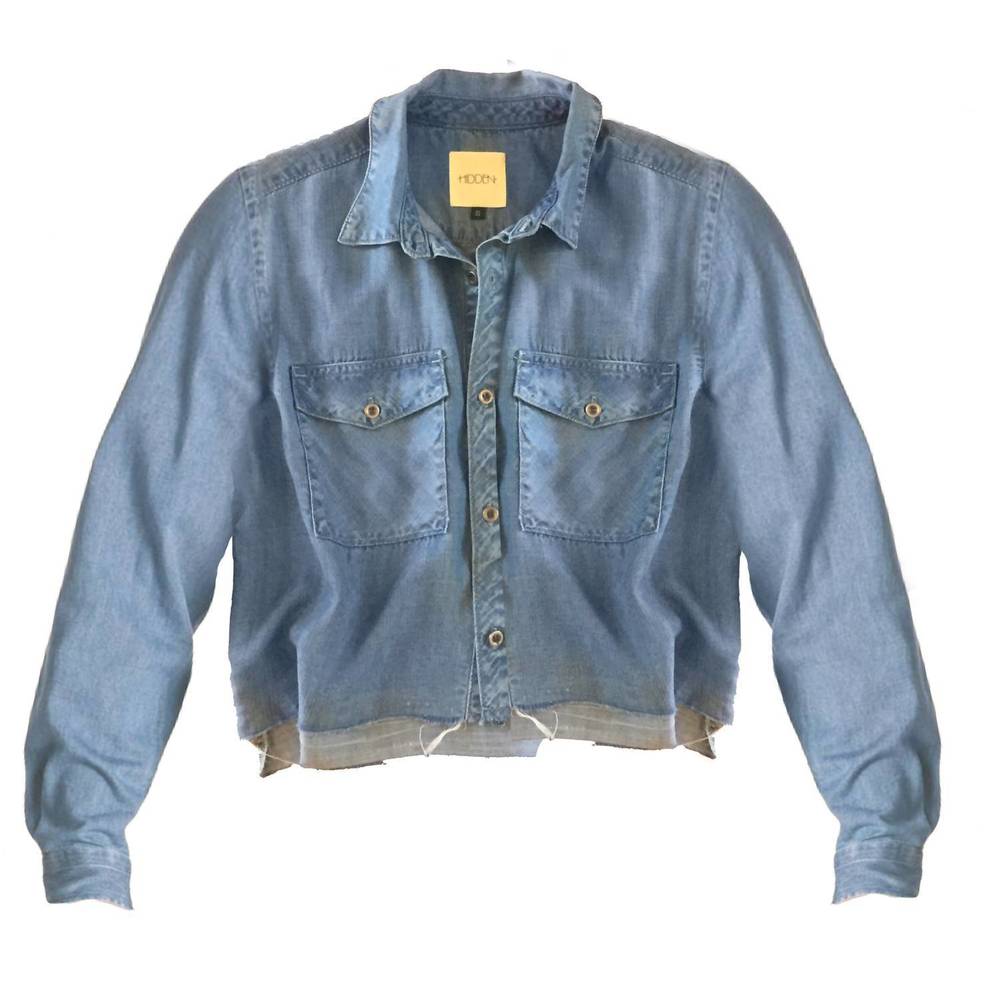 NEW HIDDEN jeans women chambray cutoff fringe cropped collared top shirt in blue